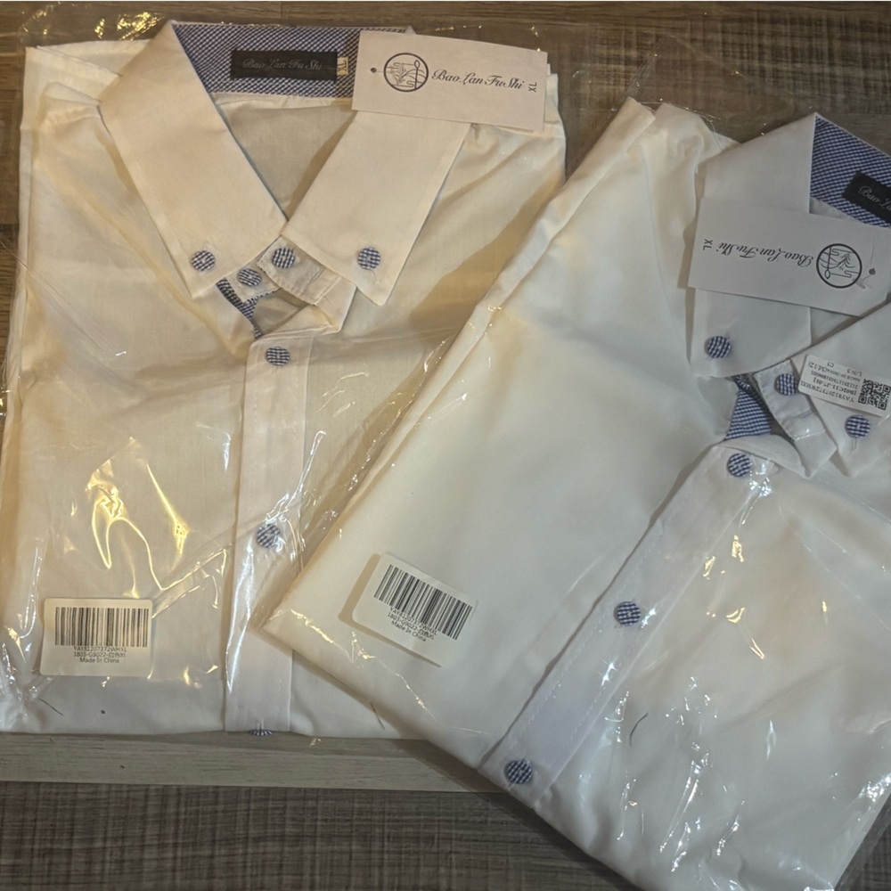 Blue Trim White Men's Dress Shirt by Bao LAN Fu Shi. 2 shirt set.